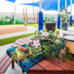 A colourful outdoor play area at Buttercups Perth Childcare featuring a wooden table adorned with traditional drums, maracas, flowers, and cultural decor. The background includes vibrant murals, play equipment, and shaded seating areas for creative and interactive learning.