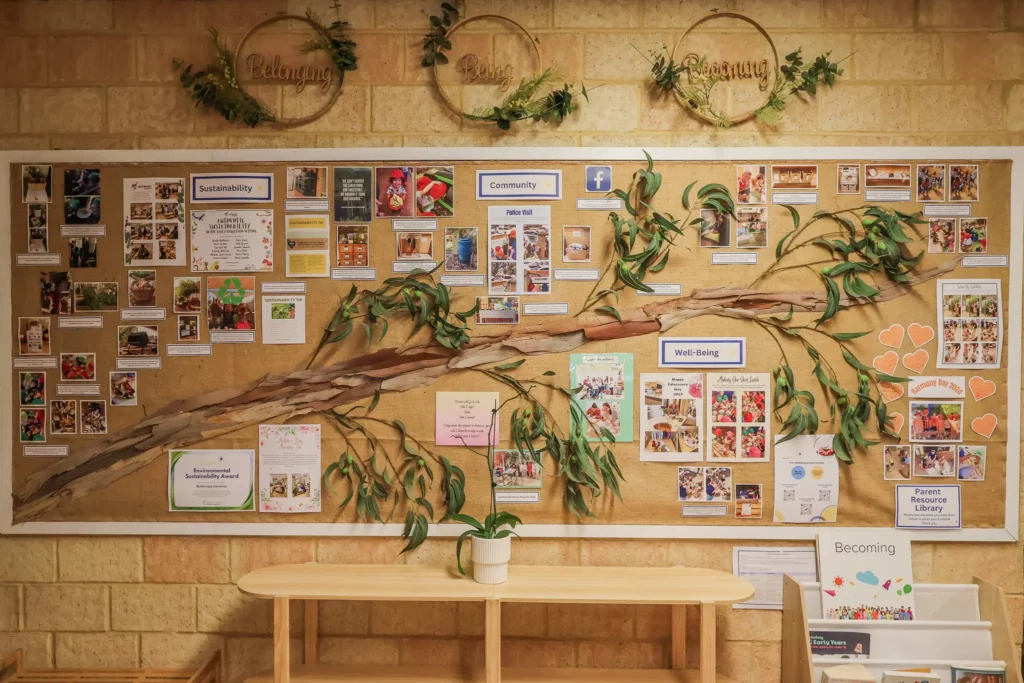 Information and noticeboard at Buttercups Perth Childcare featuring key areas such as Sustainability, Community, and Well-Being. The board includes framed photographs, colourful posters, and a natural tree branch design with a welcoming vibe. Below the board is a wooden table with a plant and additional educational materials.