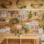 Information and noticeboard at Buttercups Perth Childcare featuring key areas such as Sustainability, Community, and Well-Being. The board includes framed photographs, colourful posters, and a natural tree branch design with a welcoming vibe. Below the board is a wooden table with a plant and additional educational materials.