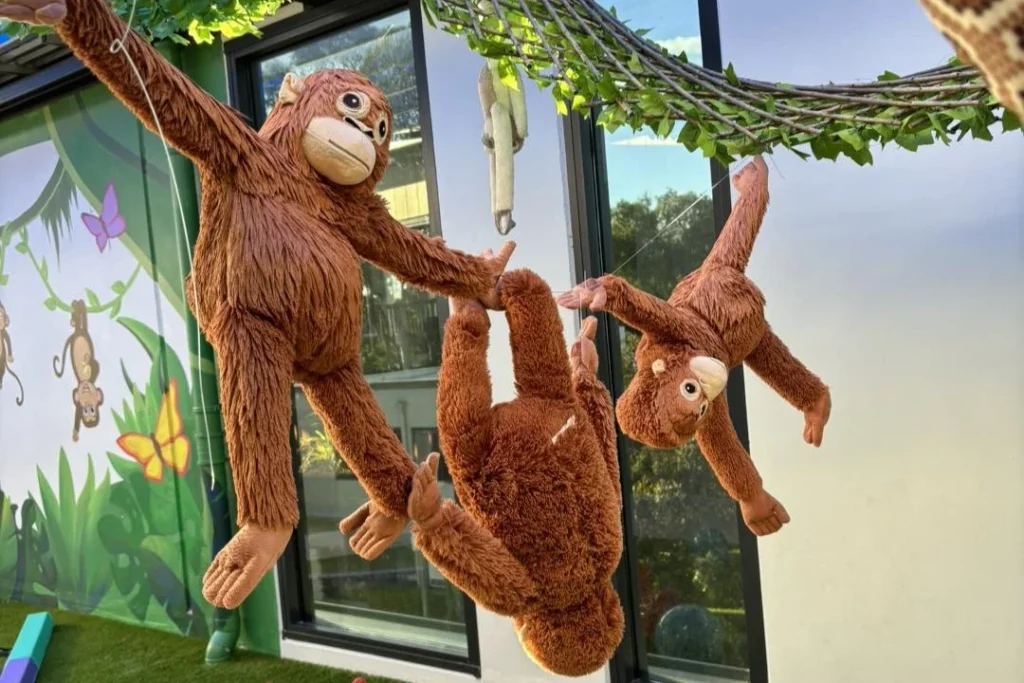 Three plush monkeys hang playfully from a vine at Buttercups Perth Childcare, enhancing the jungle-themed learning space.