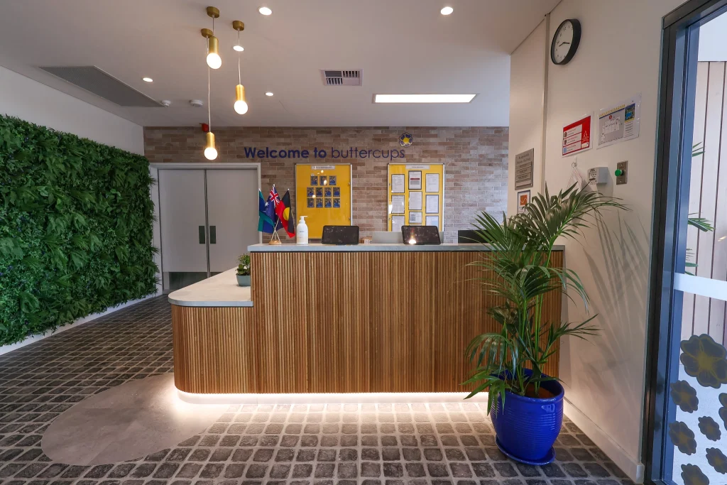 Step into Buttercups Perth Childcare, where a warm welcome awaits! Our thoughtfully designed reception area sets the tone for a nurturing and professional environment, ensuring families feel right at home from the moment they arrive.