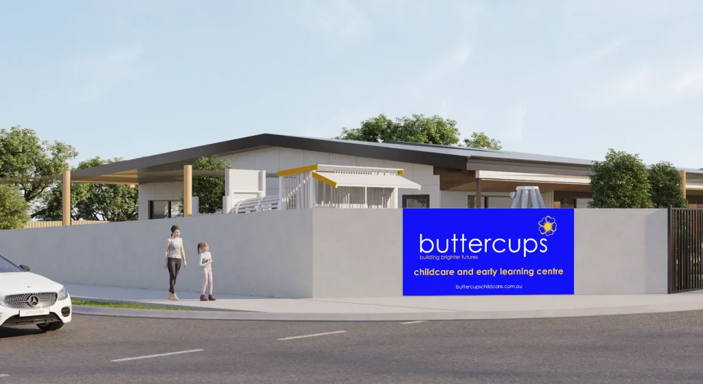 Architectural rendering of Buttercups Baldivis Early Learning Centre as seen from the road, highlighting clear branding on the perimeter wall. Surrounded by trees and contemporary design elements, the centre is thoughtfully integrated into the local environment.