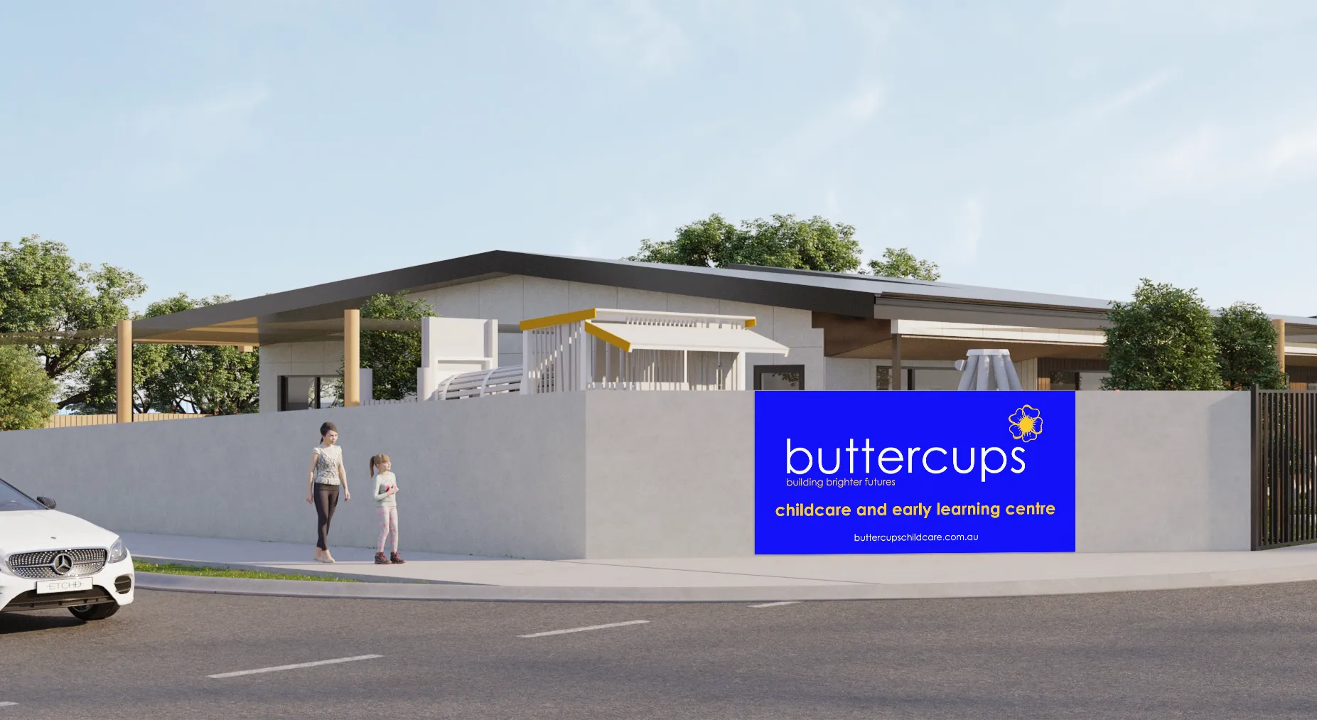 Architectural rendering of Buttercups Baldivis Early Learning Centre as seen from the road, highlighting clear branding on the perimeter wall. Surrounded by trees and contemporary design elements, the centre is thoughtfully integrated into the local environment.