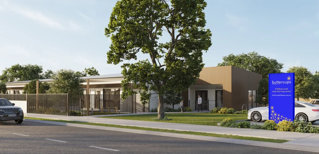 Architectural rendering of Buttercups Baldivis Early Learning Centre as seen from the road, featuring a secure entryway, leafy trees, and dedicated parking bays. The design reflects a welcoming and safe environment for children and families.