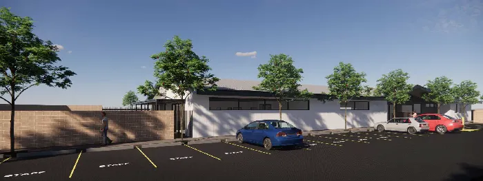Wide-angle architectural rendering of the Buttercups Childcare Byford exterior, featuring staff and visitor parking bays lined with trees, a long, low building with a modern design, and a secure pedestrian gate providing access to the centre.
