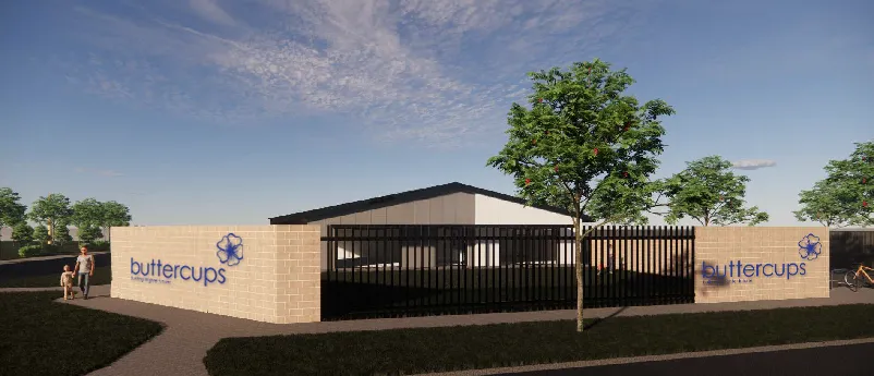 Architectural rendering of Buttercups Childcare Byford from a corner street view, showcasing the centre’s branding on the external fence. The design features modern architecture, soft landscaping, and a welcoming presence within the suburban streetscape.