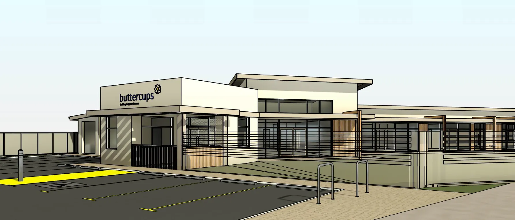 Architectural rendering of Buttercups Mandogalup Early Learning Centre as seen from the road, featuring a secure entryway. A paved footpath and pram-friendly access points highlight the welcoming, purpose-built layout for families.