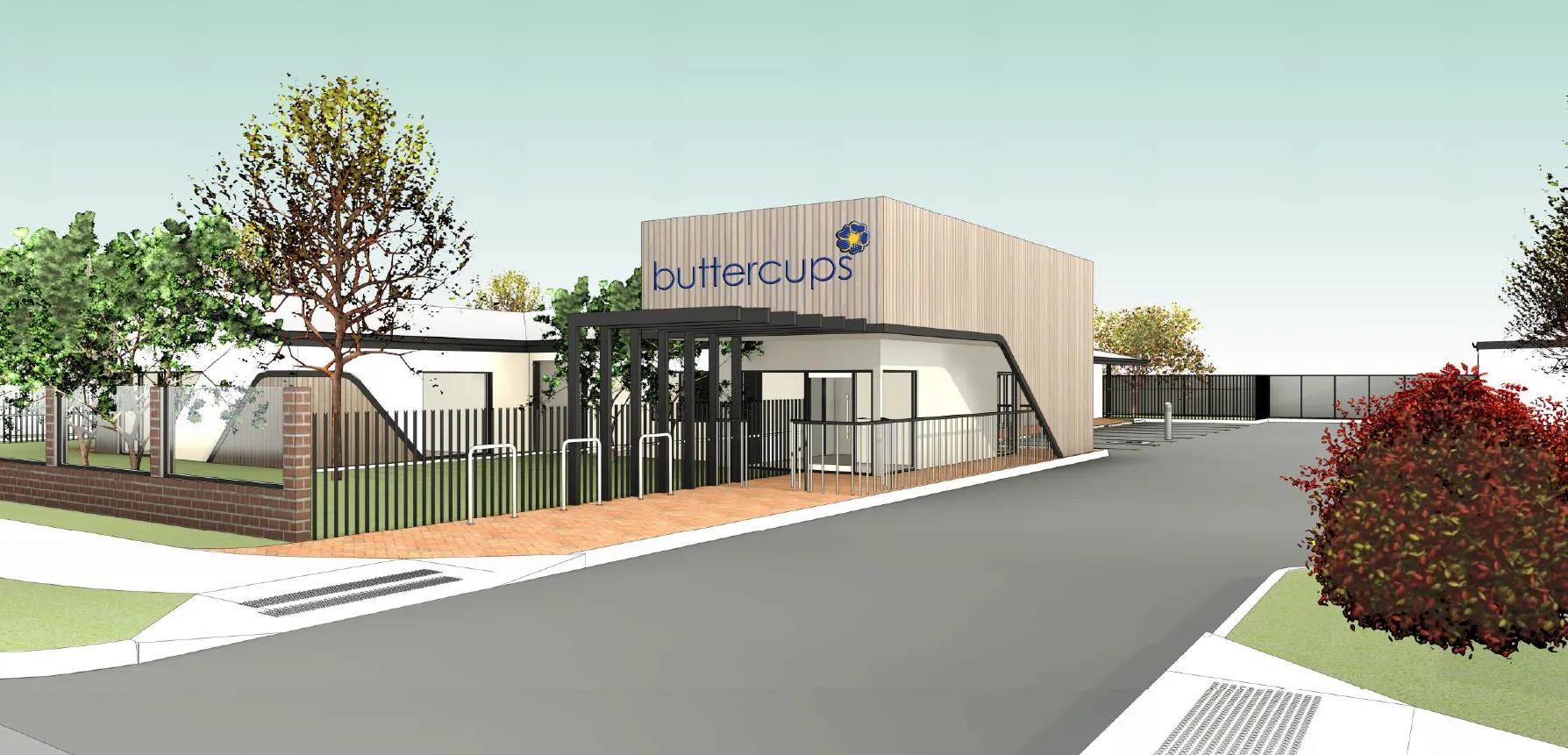Architectural rendering of Buttercups Wellard Early Learning Centre as seen from the road, featuring a secure entryway and soft landscaping. A paved footpath and pram-friendly access points highlight the welcoming, purpose-built layout for families.